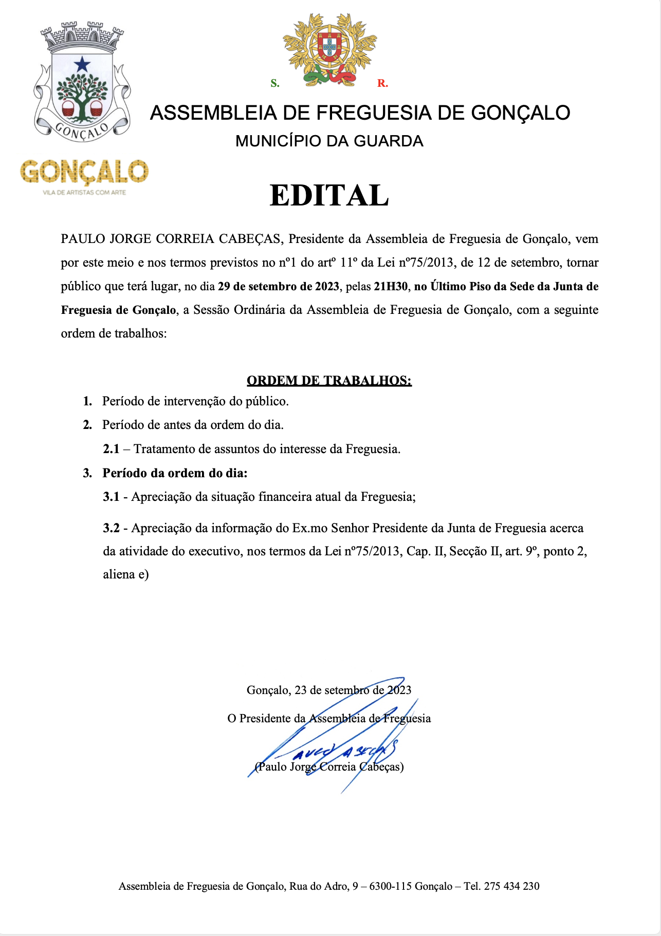 Imagem EDITAL - Sessão Ordinária da Assembleia de Freguesia de Gonçalo - 29 de setembro de 2023