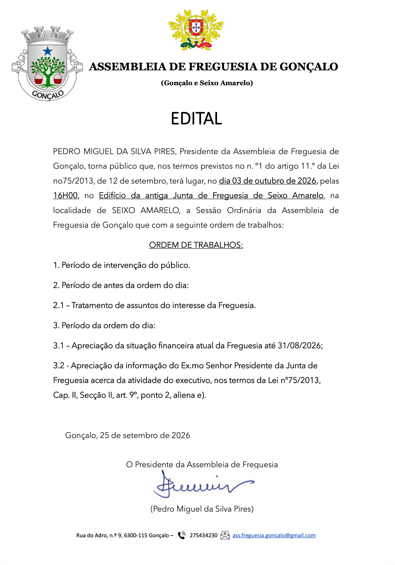 Notícia Edital - Sessão ordinária da Assembleia de Freguesia a 03 de outubro de 2026