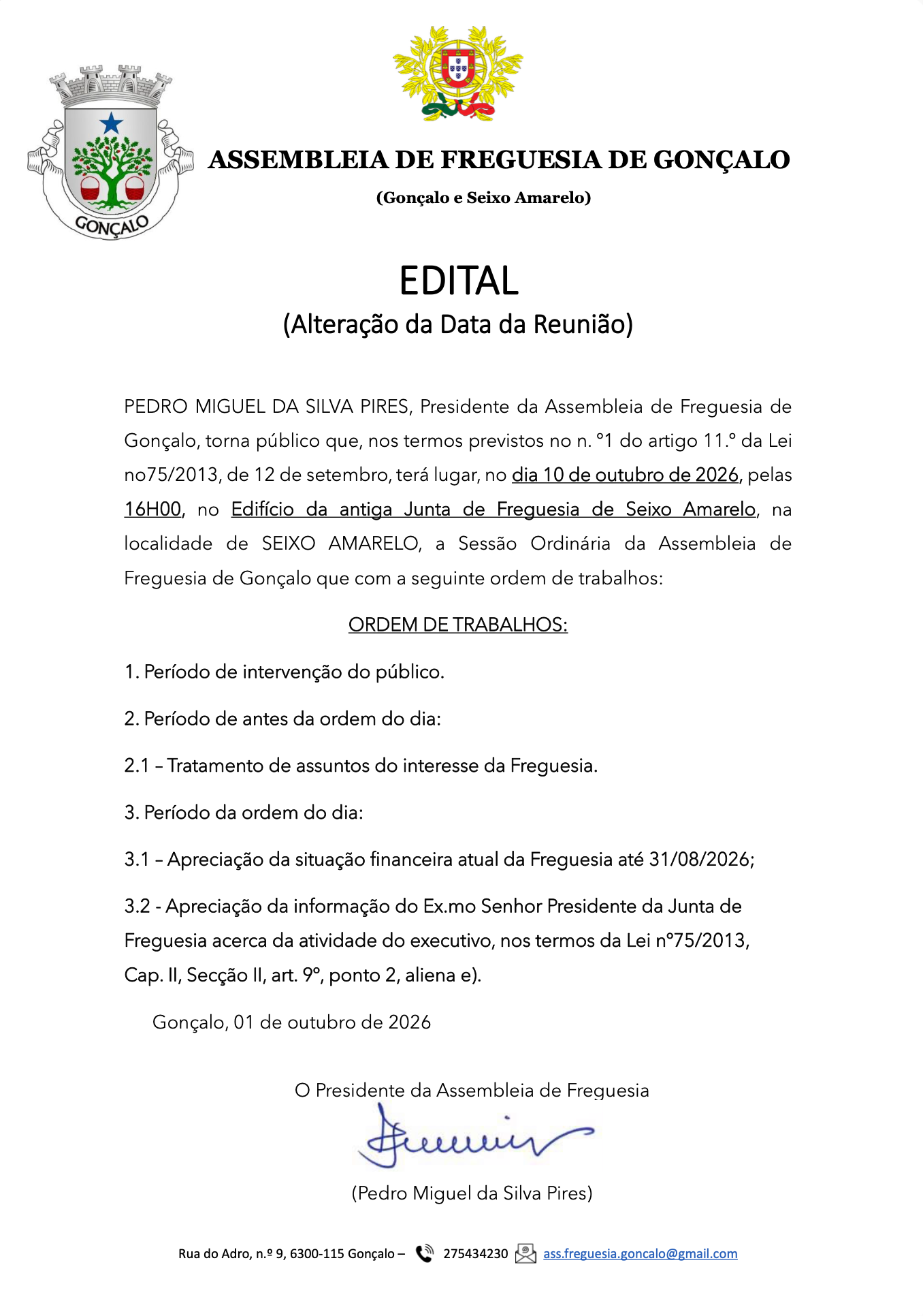 Notícia Edital - Alteração da Sessão ordinária da Assembleia de Freguesia para 10 de outubro de 2026